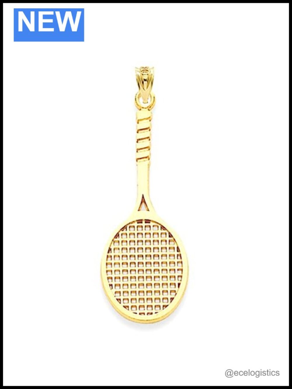 Solid 14K Yellow Gold Tennis Racket Charm Pendant